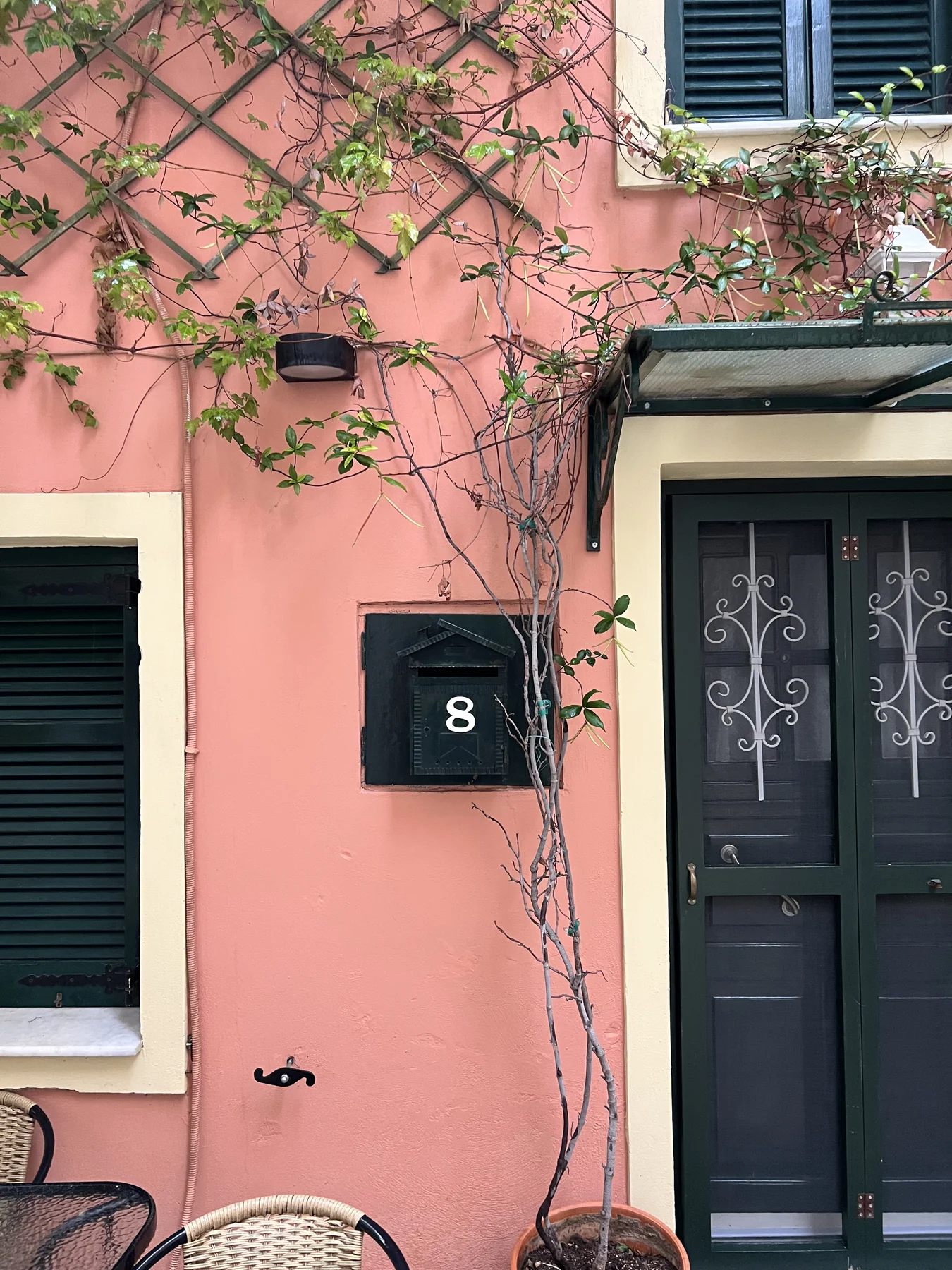 House number 8 on salmon-pink building facade, dark green shutters, bare winter vines