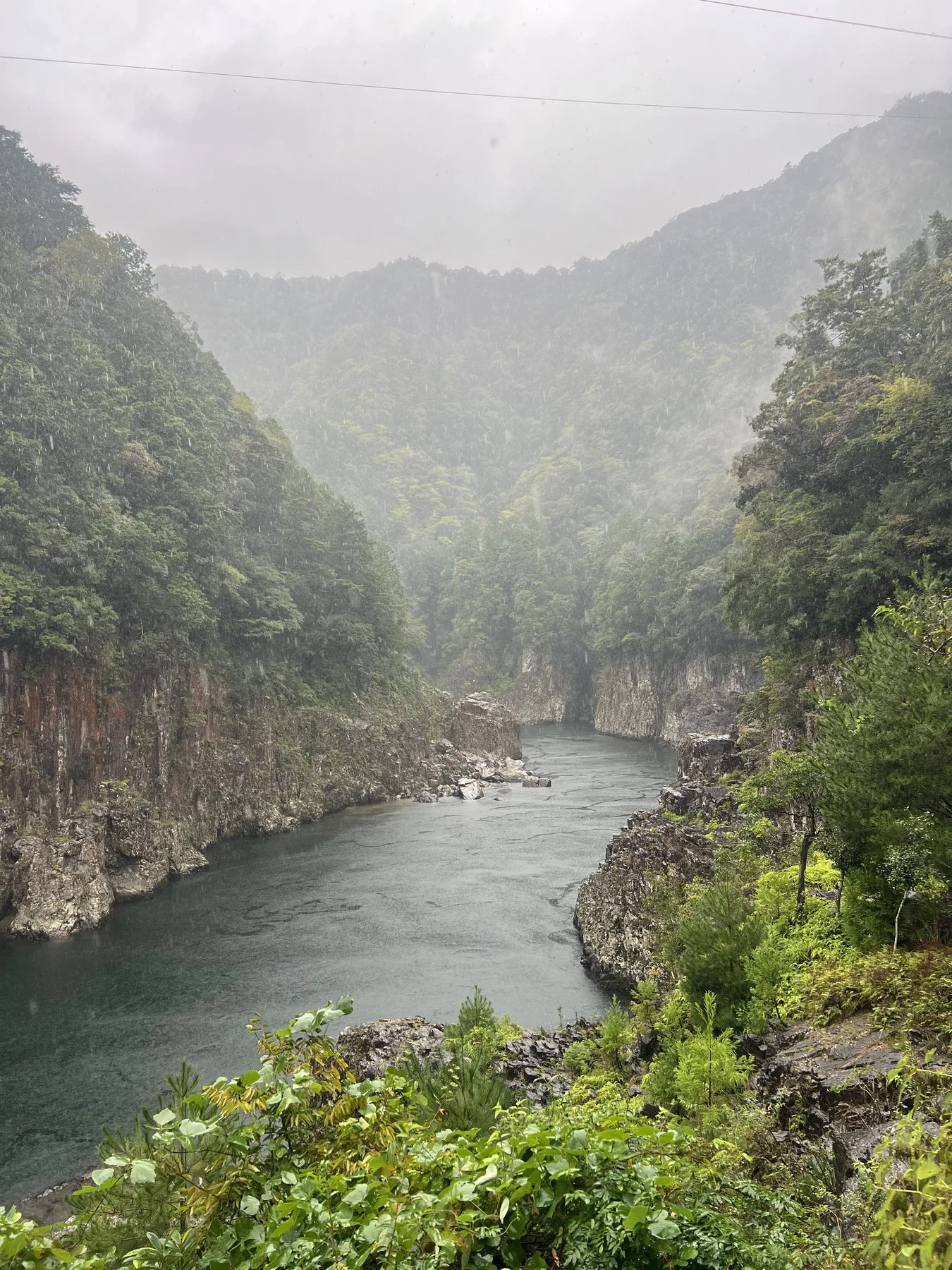 Misty gorge, deep green river between rock walls in rain