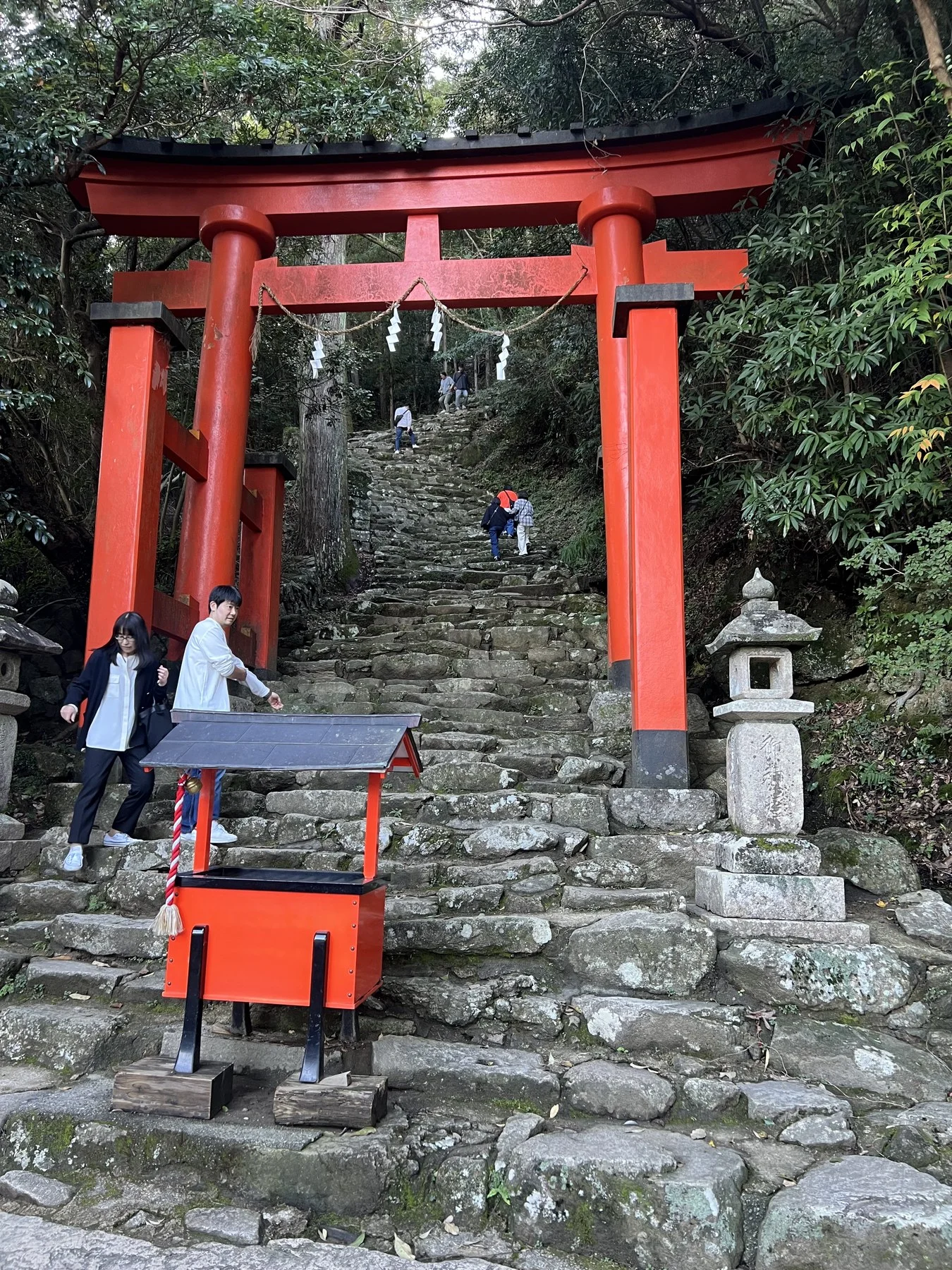 Red torii gate on stone steps